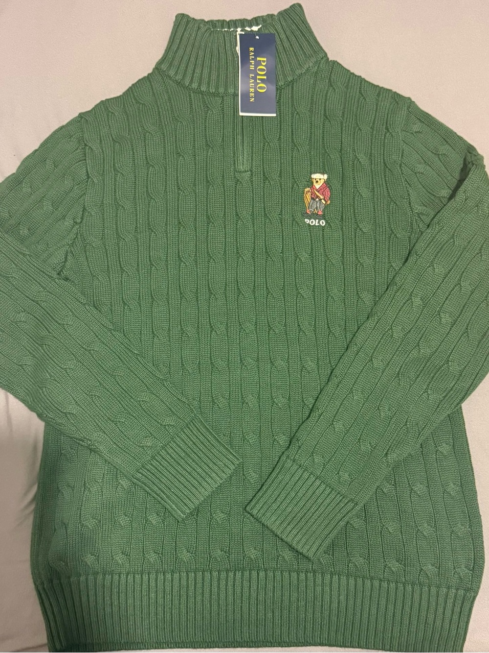 Polo by Ralph Lauren Forest Green Cable-Knit Mock Neck Sweater with Bear Patch